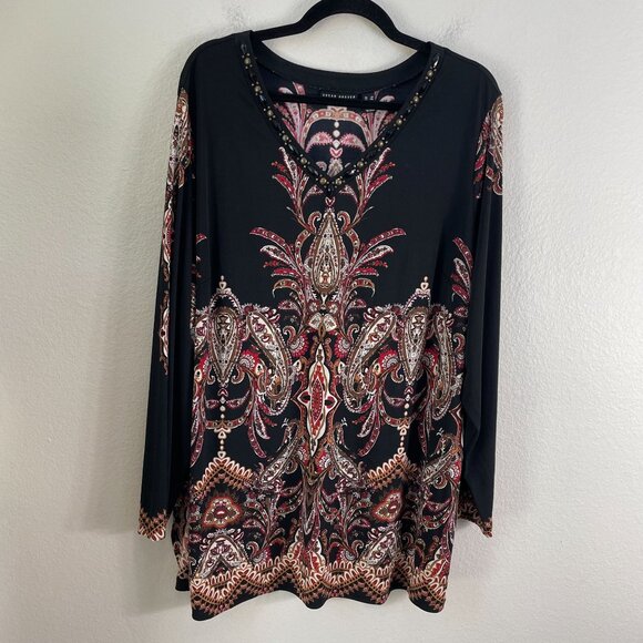 Susan Graver Artisan Womens Plus 2X V Neck Embellished Tunic Top Liquid Knit - Picture 10 of 11